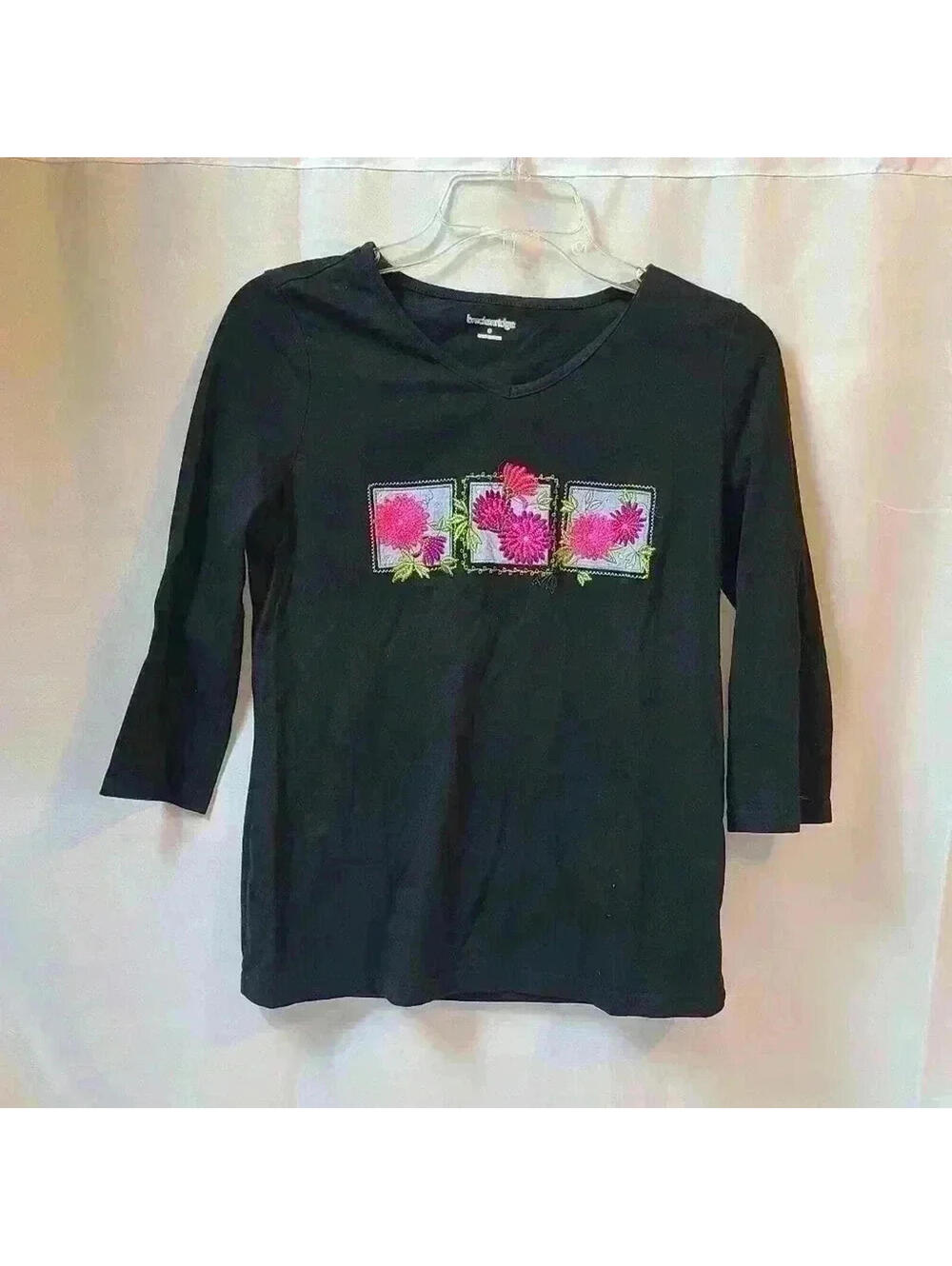 Breckenridge Emrboidered Floral Black Quarter Sleeve Blouse